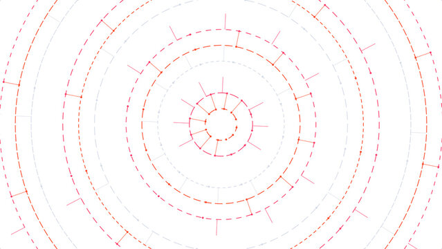 Concentric circle pattern consisting of dashed red and white lines forming a mesmerizing digital tunnel