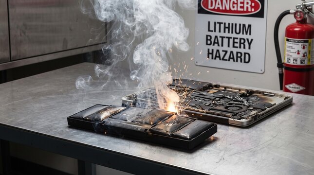 Burning laptop battery with smoke and sparks on metal table near fire extinguisher with smoking sparking metal lithium battery hazard electronics smoldering technology with emergency