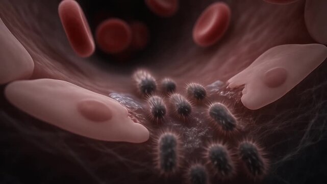 3D animation of pathogenic bacteria breaking through a blood vessel wall and infecting the human bloodstream with red blood cells flowing