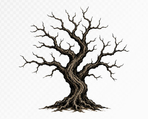 Fototapeta premium Old forked tree with winding branches watercolor vector art