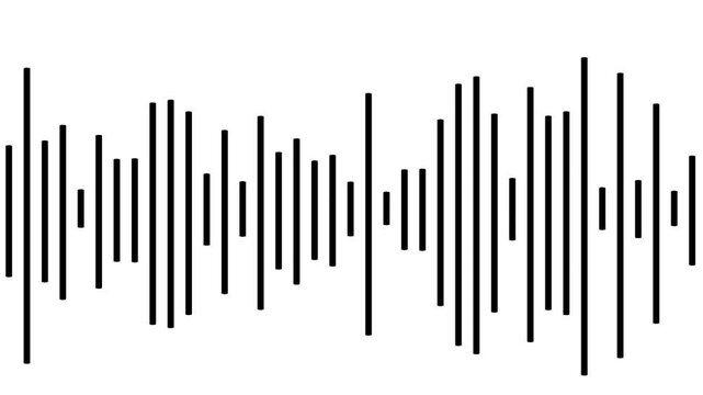 Modern black sound wave equalizer bars bouncing dynamically, digital audio spectrum frequency visual, clean podcast voice level waveform, minimalist music player art on white background. 4k video