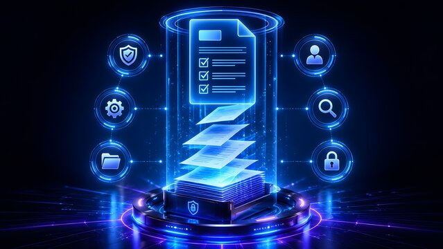 Automated digital filing system interface featuring a glowing document with a checklist, floating papers, and interconnected security and management nodes