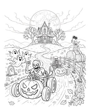 Skeleton driving a pumpkin car past a haunted house and ghosts on halloween night coloring page outline with spooky landscape fun ride scary illustration