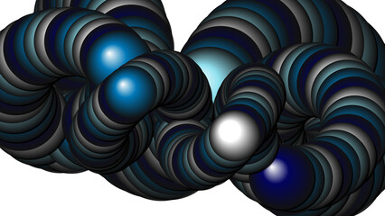 Complex intertwined blue and silver spherical tubes creating a hypnotic geometric pattern on black surface area © Shahida