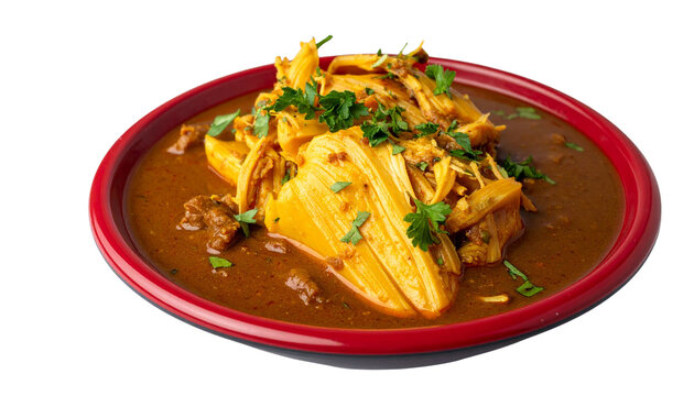 jackfruit curry in a pink plate, isolated on transparent background