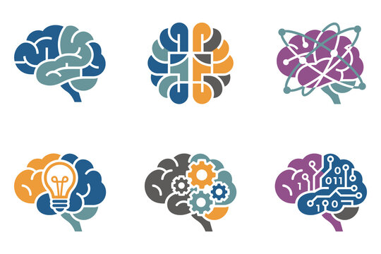 A collection of six colorful stylized brain icons representing human intelligence creativity mental health cognitive science innovation and analytical thinking on a clean white background