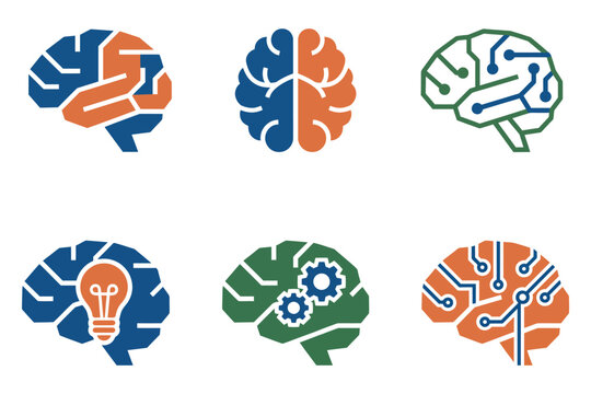 A collection of six distinct brain icons representing artificial intelligence concepts including digital circuits light bulb ideas and mechanical gears on a clean white background