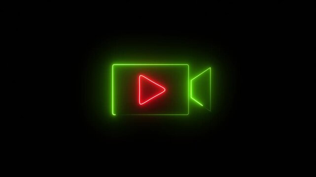 Glowing neon camera icon animation for recording and film concept with pictogram style on a dark black background.