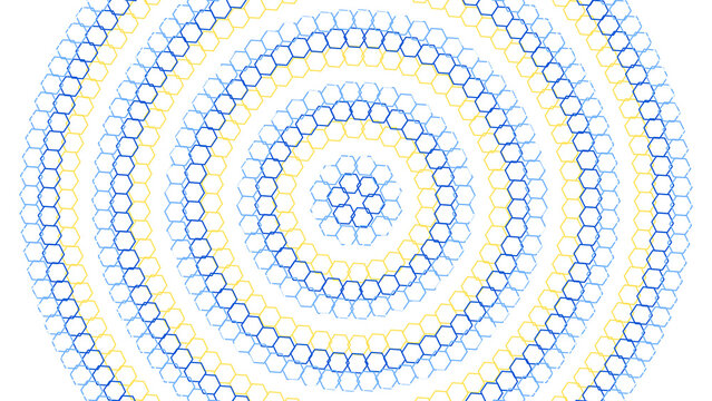 Circular mandala style pattern consisting of concentric rings of small blue yellow and white hexagons