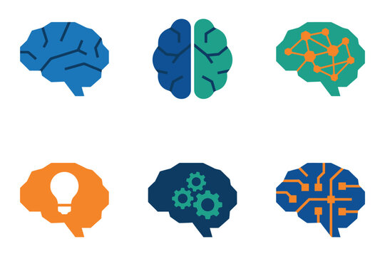 A collection of six flat design icons representing human brain concepts including artificial intelligence technology innovation creative thinking logic and neural network analysis and processing