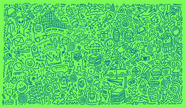 Playful Hand-Drawn Doodle Pattern of Fun Icons and Characters on Bright Green Background