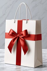 Fototapeta premium Luxury white gift bag with red ribbon bow - vertical Christmas holiday shopping mockup on marble