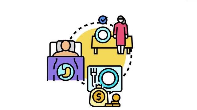 Brain teaser meals icon a person preparing food for dining, followed by someone eating in bed, representing the thought process involved in solving food related puzzles