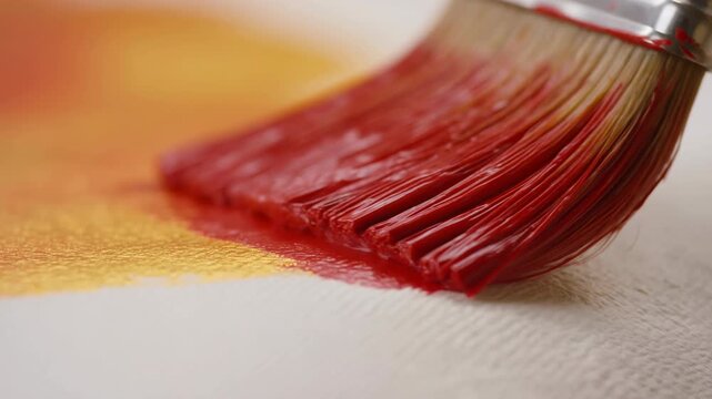 Red bristle paintbrush sweeps wet crimson pigment across textured white surface in macro close-up, spreading glossy color over warm yellow underlayer with visible brush strokes