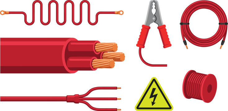 Electrical Cable and Wire Vector Set Featuring Copper Conductor Jumper Clamp Coil Reel and High Voltage Warning Sign for Industrial Power Designs