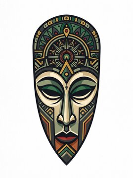 Traditional African Tribal Mask Illustration with Intricate Geometric Patterns Isolated on White