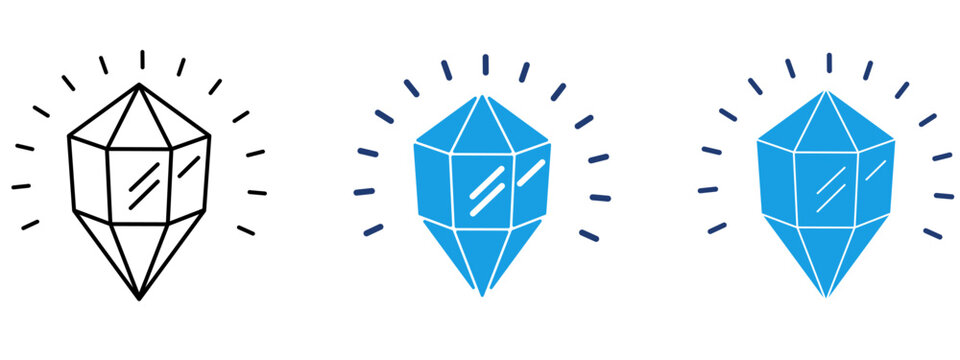 Shining crystal diamond icon set. Symbol of premium quality, luxury asset, valuable wealth, gem jewelry, brilliance, spark, and VIP membership reward.