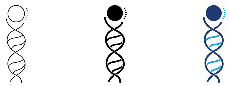 DNA strand with sun light icon set. Symbol of biotechnology research, genetic engineering, bio energy, solar biology, life science innovation, and cellular biology study.