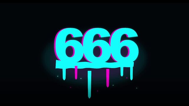 Neon 666 number graffiti with cyan and magenta dripping paint