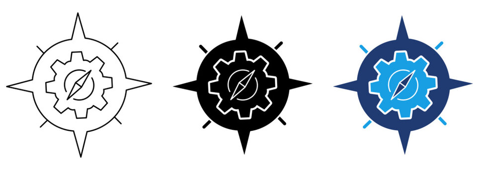 Compass and gear icon set. Symbol of strategic direction, technical navigation, business orientation, career guidance, system settings, and path control.