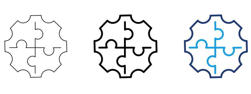 Puzzle gear icon set. Symbol of team collaboration, business integration, strategic solution, system synergy, mechanical workflow, and problem solving process.