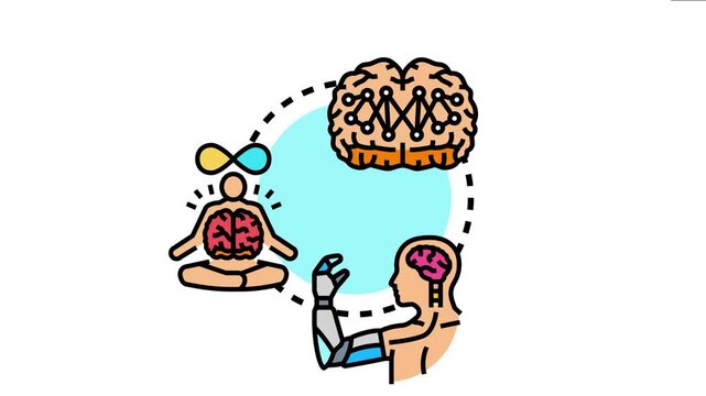 Human mind connecting with artificial intelligence systems. Exploring concepts like consciousness. Technology integration. Future evolution