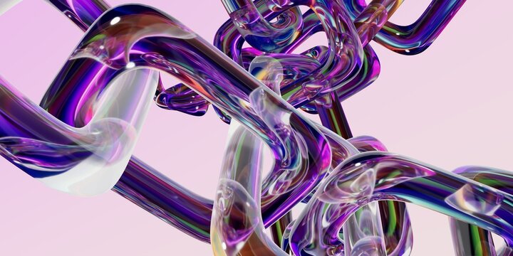  Abstract 3D Render of Intertwined Complex Crystalline Glass Loops with Holographic Iridescent Reflections on Light Pink Background