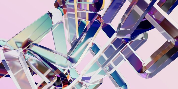 Abstract 3D Close-Up Render of Interlocking Translucent Crystalline Glass Geometric Slabs with Holographic Iridescent Reflections on Light Pink Background
