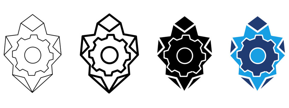 Gear in shield icon set. Symbol of cybersecurity settings, technical protection, secure configuration, system maintenance, privacy control, software engineering and mechanical defense.