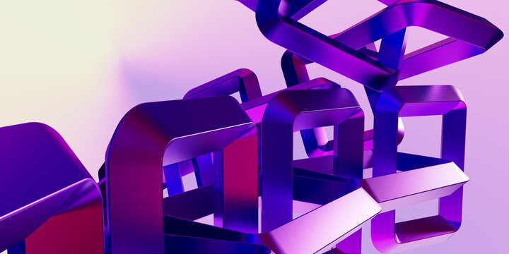 Abstract 3D Render of Interlinked Glossy Blue and Purple Metallic Square Chain Links with Smooth Refractive Surfaces on Light Gradient Background