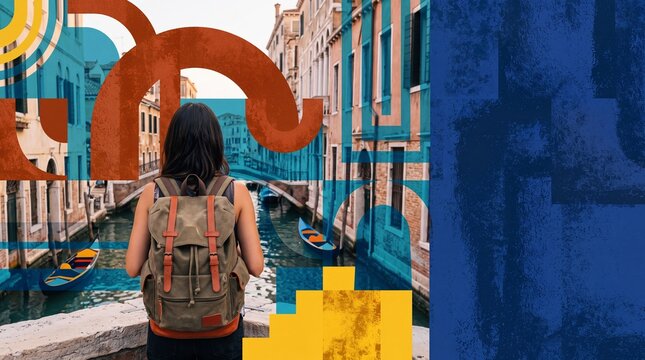 Female Backpacker Overlooking Venice Canal in Creative Collage Style