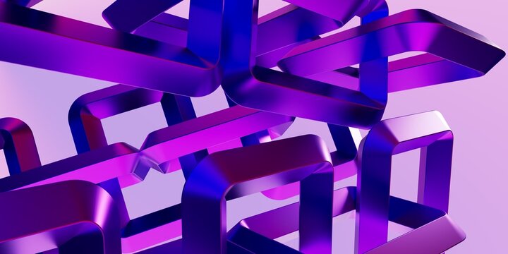 Abstract 3D Render of Interlinked Glossy Blue and Purple Metallic Square Geometric Loops with Smooth Refractive Surfaces on Light Purple Background
