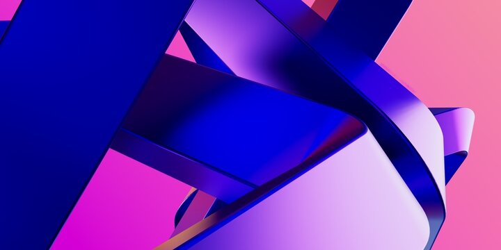 Abstract 3D Close-Up Render of Interlocking Glossy Blue and Purple Rectangular Metallic Loops with Smooth Refractive Surfaces on Pink Gradient Background