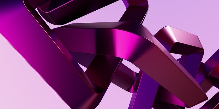 Abstract 3D Close-Up Render of Interlocking Glossy Magenta and Purple Rectangular Metallic Loops with Smooth Refractive Surfaces on Light Background