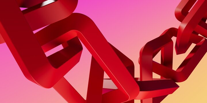 Abstract 3D Render of Interlinked Glossy Red Rectangular Metallic Chain Links with Smooth Refractive Surfaces on Pink and Yellow Gradient Background