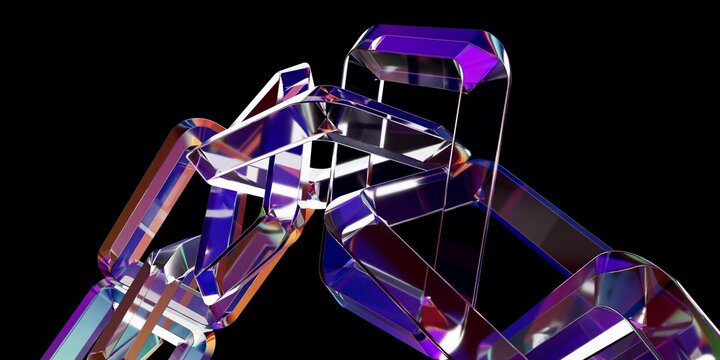 Abstract 3D Render of Interlinked Translucent Crystalline Glass Chain Links with Holographic Iridescent Reflections on Black Background