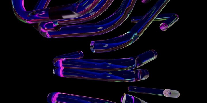 Abstract 3D Render of Floating Curved Glossy Blue Metallic Pipes with Holographic Iridescent Reflections on Black Background