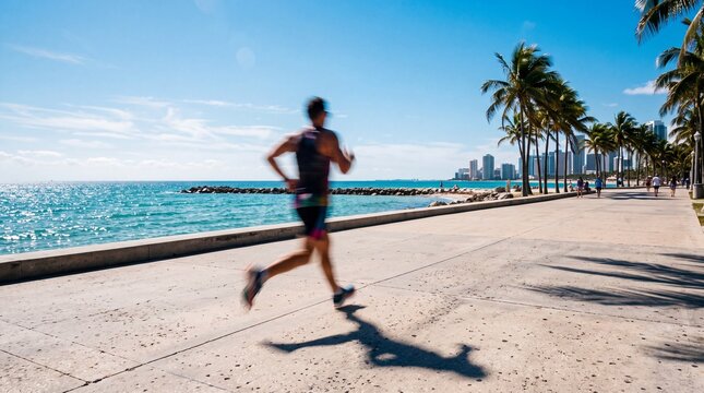 Athletic Man Jogging Along Tropical Coastal Promenade on Sunny Day