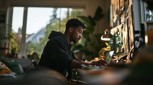 Focused Black Man Working on Laptop in Home Office