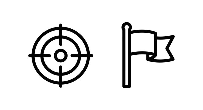 Goal tracker and milestone flag linear icons representing achievement and targets with milestone achievement business strategy objective direction completion progress collection