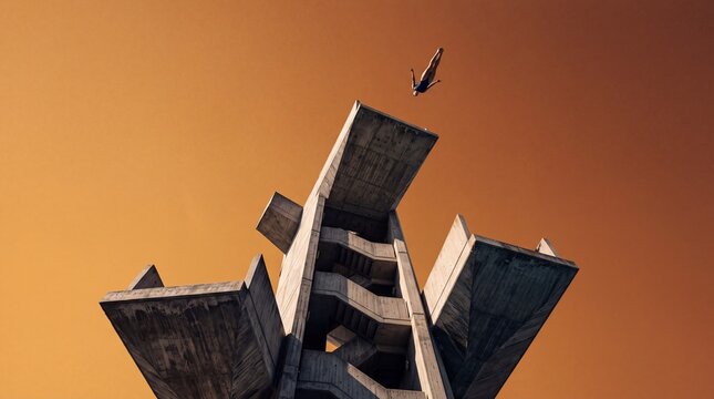 Diver Jumping from High Brutalist Concrete Diving Tower