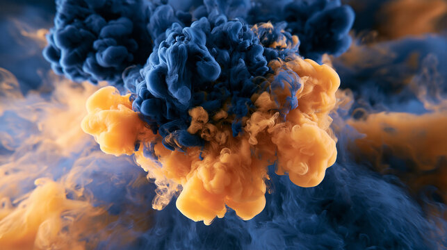 Blue and Orange Ink Swirling in Water Abstract Background