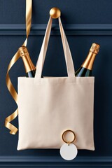 Fototapeta premium New Year canvas tote bag mockup with champagne bottles and gold ribbon for celebration and gifting