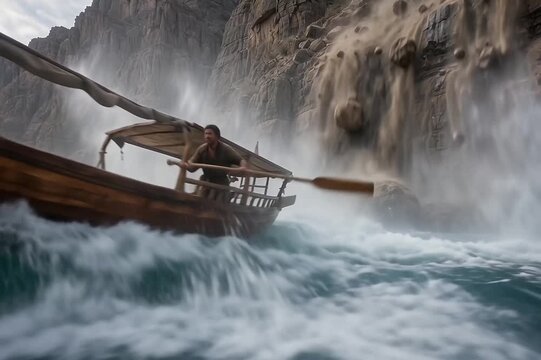 Dramatic scene of a brave fisherman desperately rowing a traditional wooden boat to escape a massive coastal rockslide with falling boulders creating enormous splashes and turbulent ocean waves