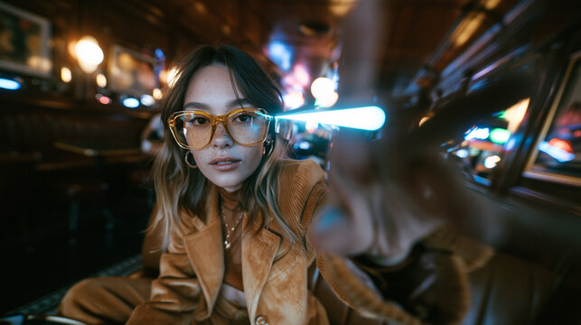 Stylish Young Woman in Retro Glasses with Glowing Light Effect