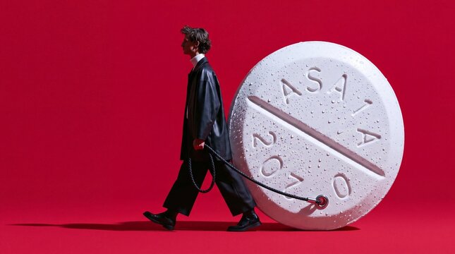 Man Pulling Giant Medicine Pill on Leash on Red Background