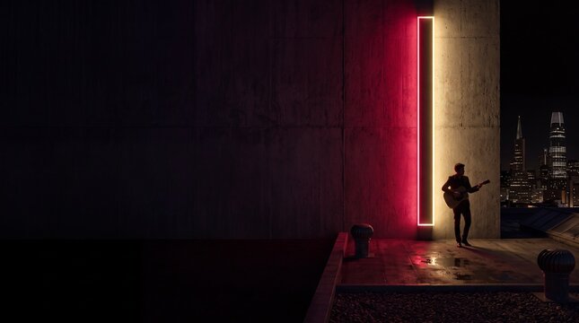Musician Playing Guitar by Neon Light on Urban Rooftop