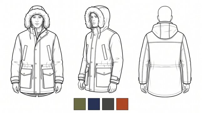 Technical drawing of a winter parka with fur hood in multiple color variations outerwear clothing technical template