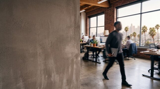 Modern Open Plan Office with Businessman Walking with Laptop