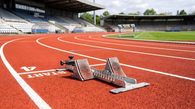 Metal starting blocks for track runners sit on bright orange synthetic rubber lanes during a sunny day outdoor athletic event
